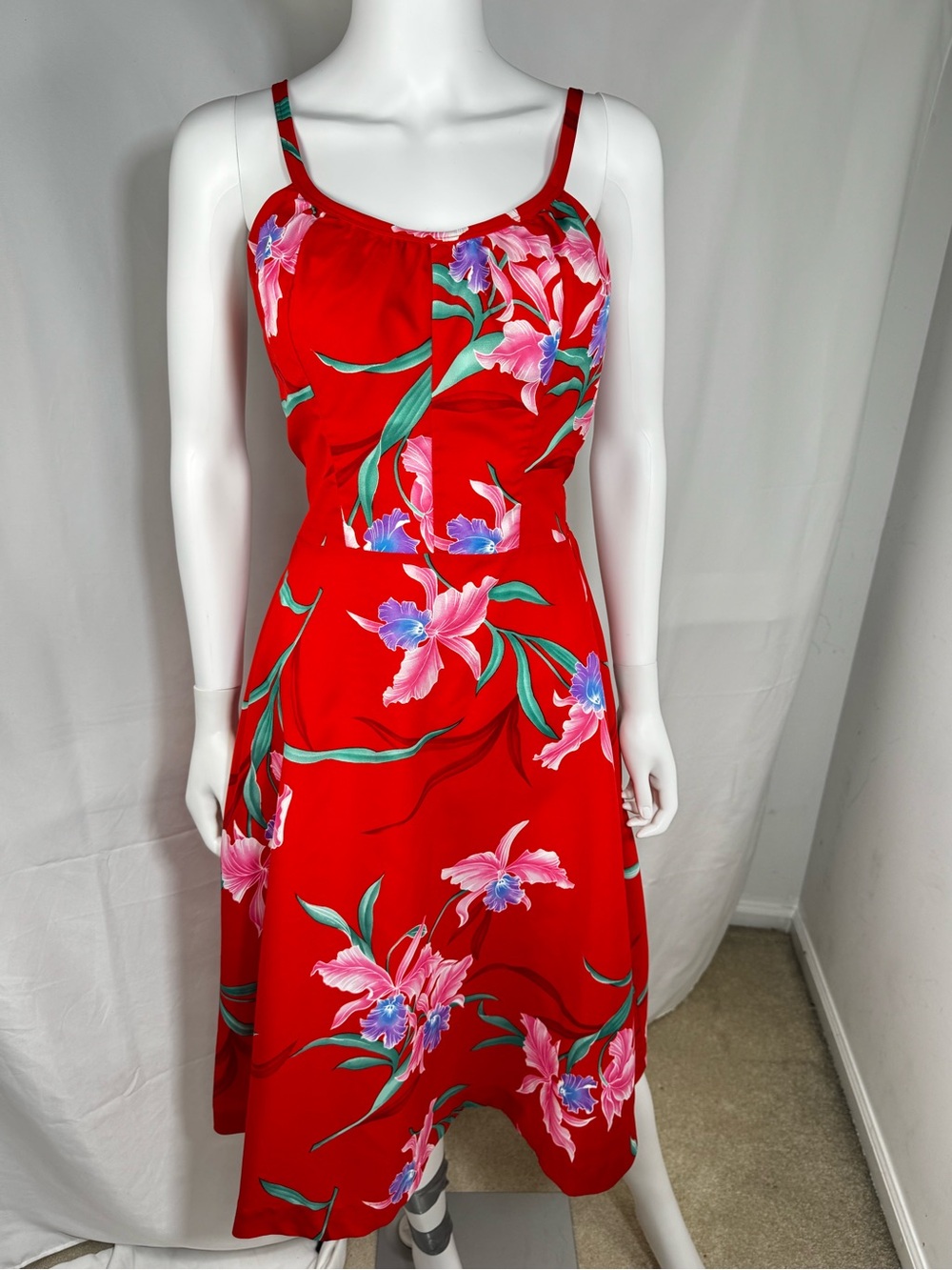 Vintage Sand Pebble of Hawaii Red Tropical Orchid Midi Sundress Size 14 Smocked